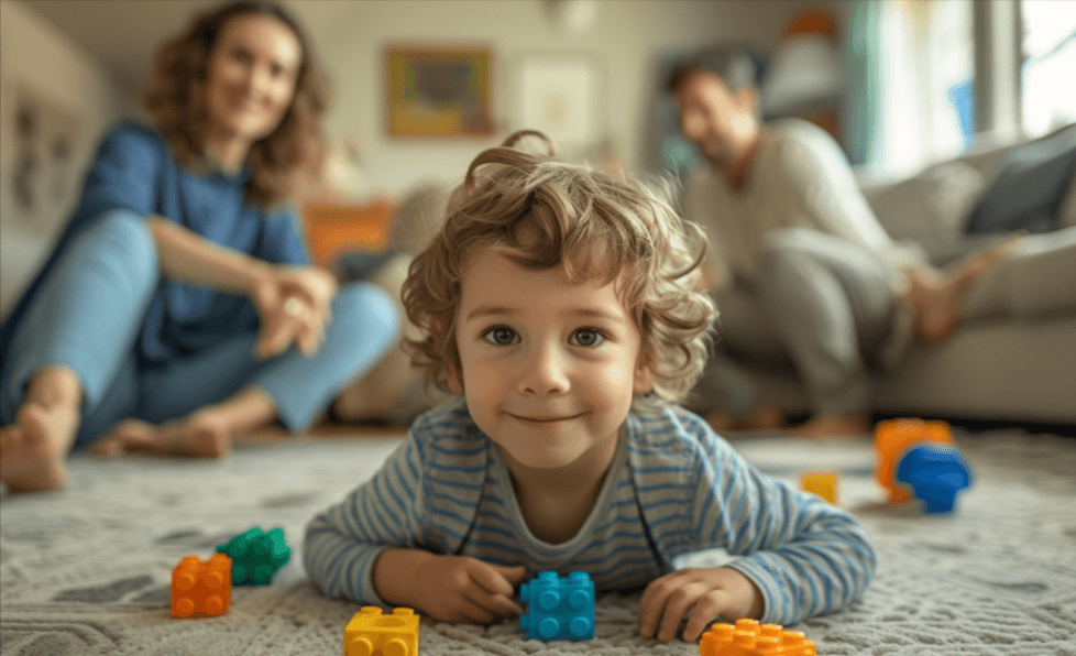 mother and son on living room floor with man sitting on the couch